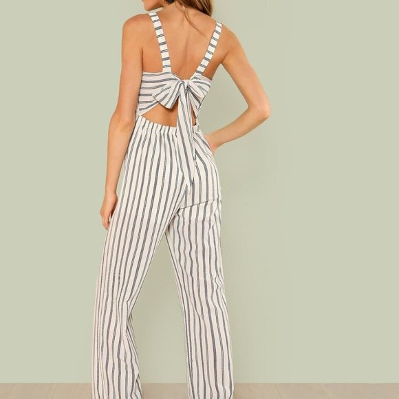 Momni Pants - Momni Striped Open Back Tied Jumpsuit